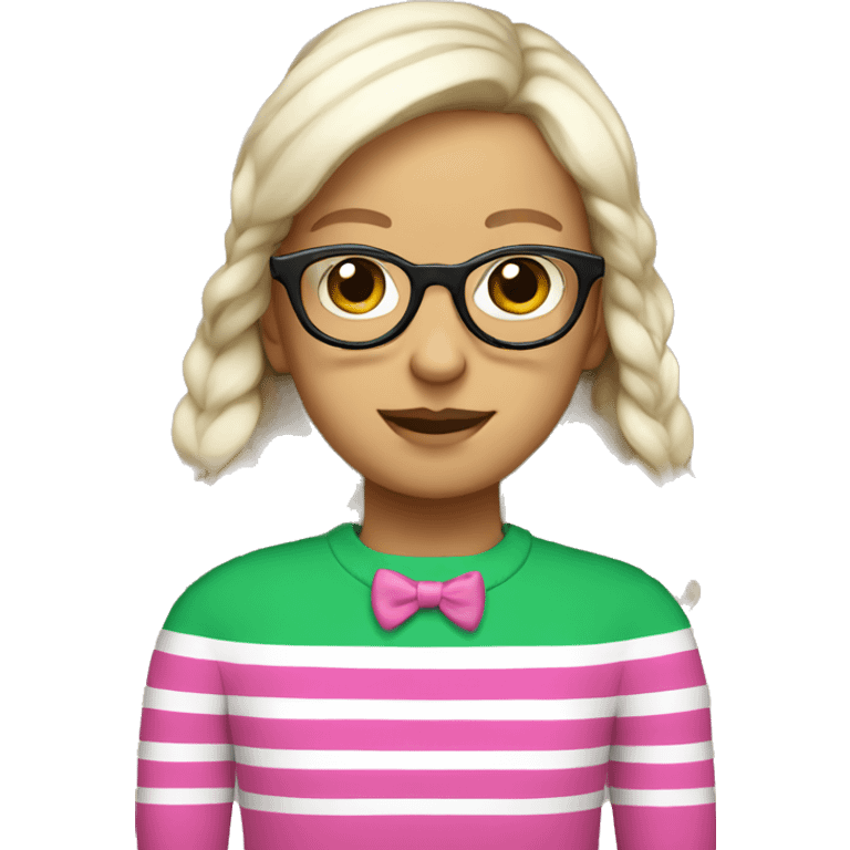 White bow wearing glasses and pink, green stripe sweater emoji