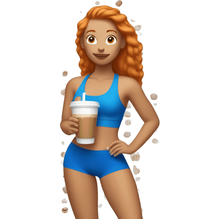 Ginger girl in blue sports bra and leggings drinking iced coffee emoji