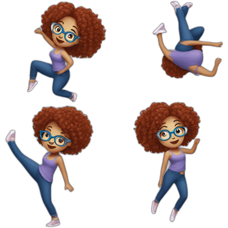 a-curvy-girl-with-dark-red-curly-hair-and-blue-glasses dancing with friends emoji