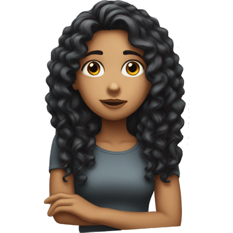 girl with long curly black hair with her hand on her chin thinking emoji