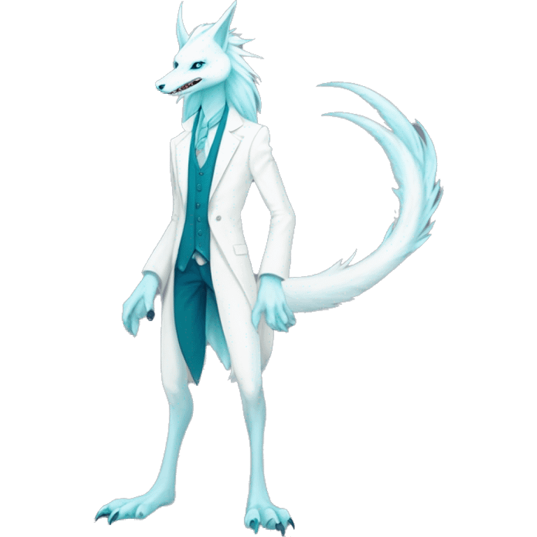 White elegant beautiful natural cute badass epic anthro modern albino sergal-vernid-Fakémon with cyan mane, with cyan edgy stripes, anthropomorphic, two-legged, digitigrade, full body emoji