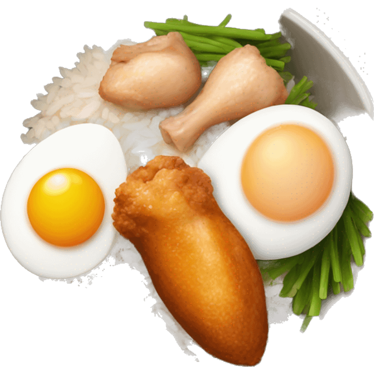 rice bowl with two eggs and two chicken drumstick emoji