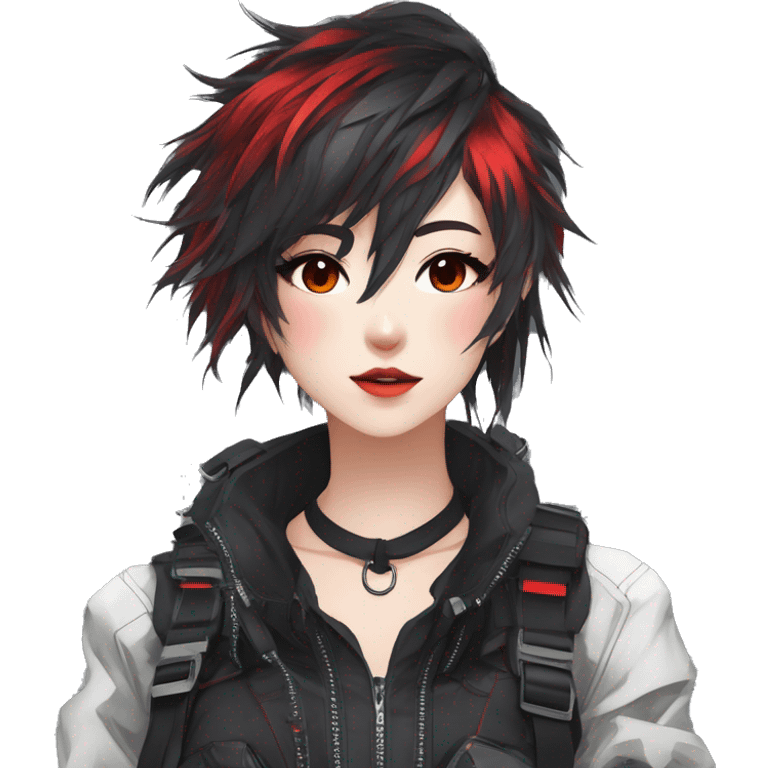 Gorgeous techwear anime style lady with blushing face aesthetic and pretty edgy black red white punk messy hair with collar and harness trending style emoji