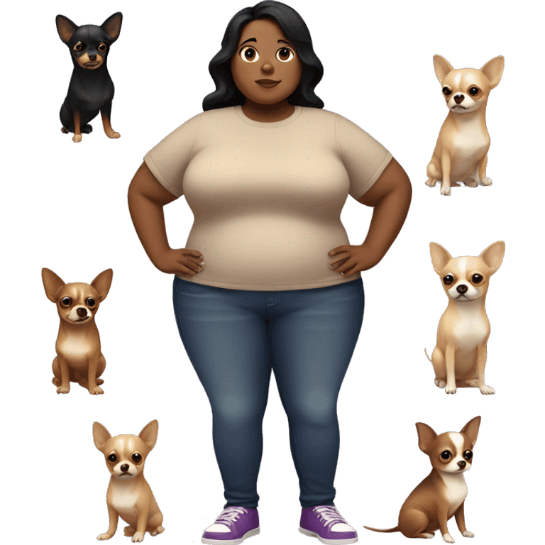 Fat woman with black hair, a purple t-shirt, a brown tone of skin, brown eyes and a beige chihuahua emoji