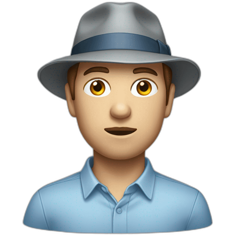 A TOK emoji of a bust of a man with light skin and short brown hair, wearing a light blue oxford shirt and a gray trilby hat with a flap on the back, looking concerned emoji