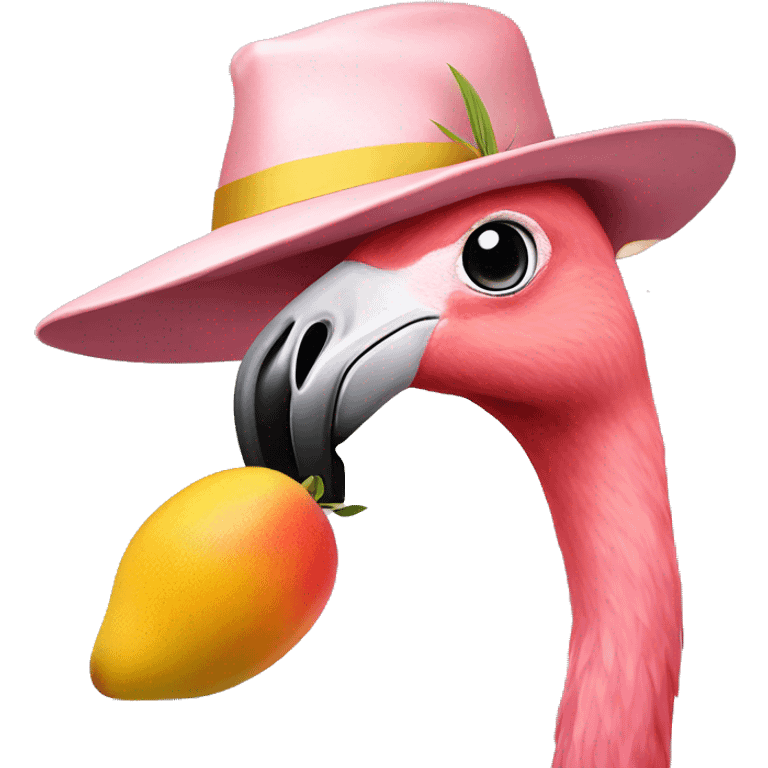 A flamingo eating mango with a arty hat in jos head emoji