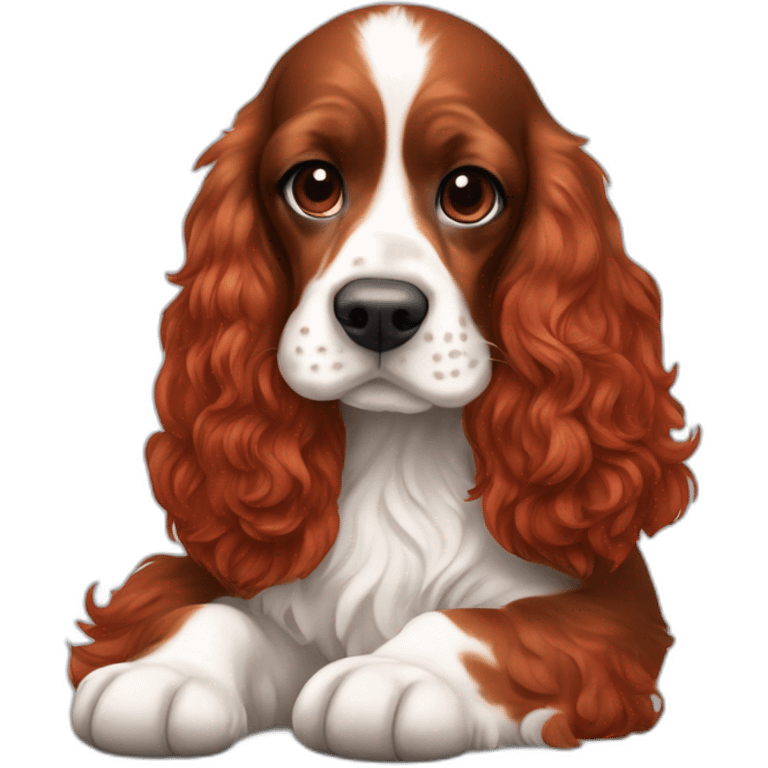 Red velvet hair woman in white singlet sitting tricolor english cocker spaniel on her lap emoji