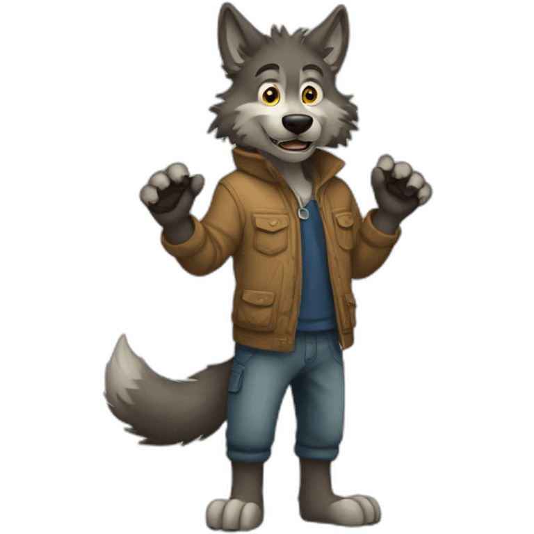 a full body furry anthropomorphic wolf saying hello emoji