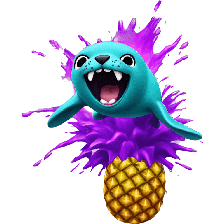 teal seal jumping exploding out of big purple pineapple emoji