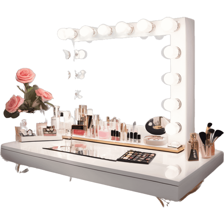 white makeup vanity with glass top and a hollywood style makeup mirror with bulbs around it. skincare and perfume on the desk neatly with white chair  emoji