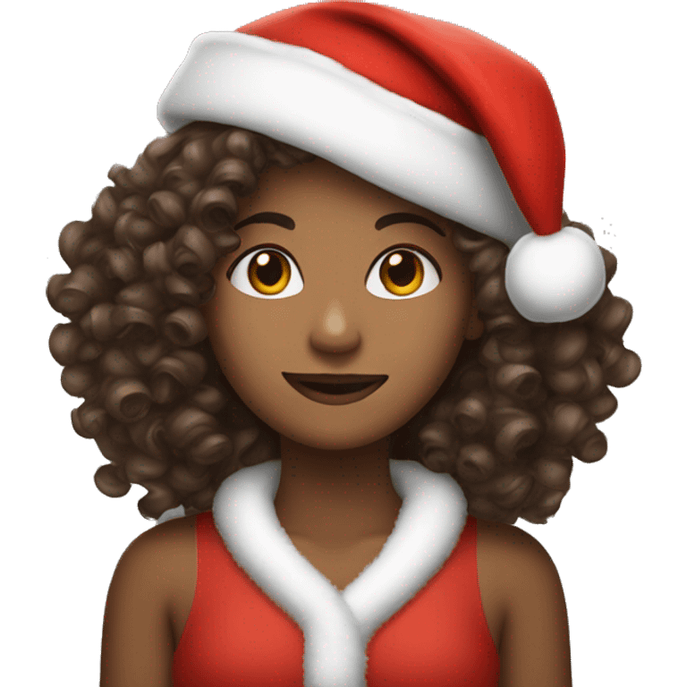 A curly hair brown girl with santa hat emoji