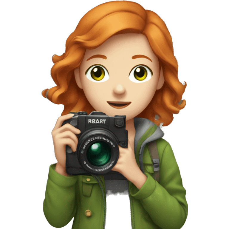 Girl with ginger hair,green eyes,wearing camera,surrounded with architecture emoji