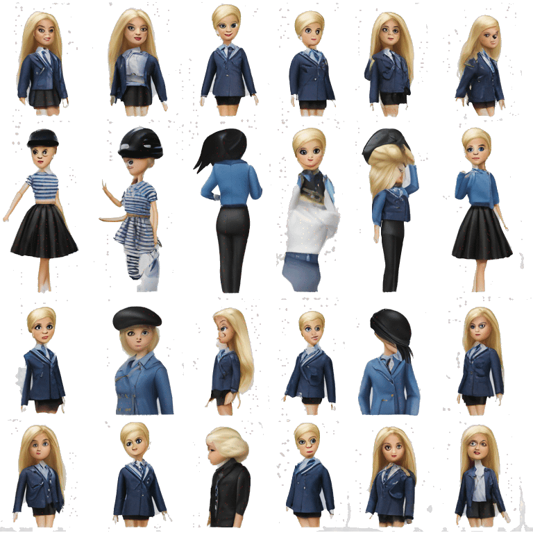 Blonde Silkstone Barbie enid sinclair from academy in blue and black vertically-striped school uniform skirt with jacket riding bikes with crows emoji