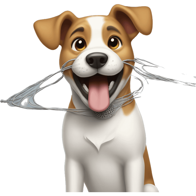 The dog is laughing, accidentally got caught in wires or dropped an instrument. emoji