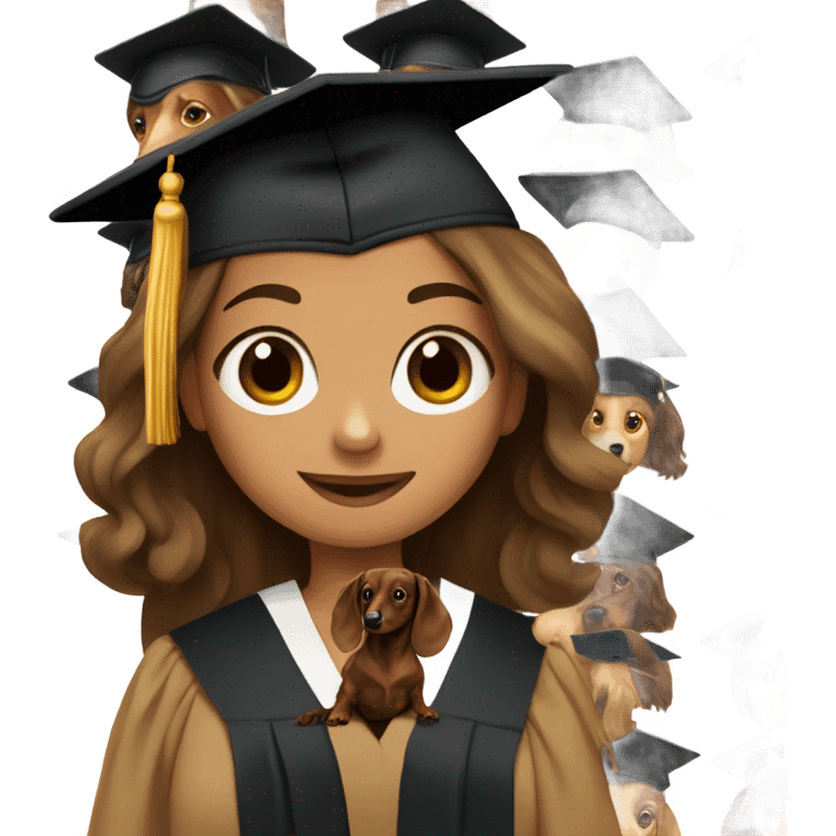 Brown haired white girl in graduation cap holding black long haired dachshund  emoji