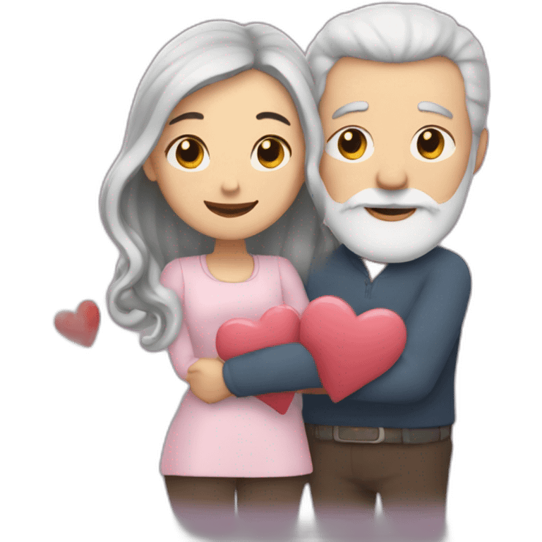 Man with gray hair and white beard hugs woman with dark brown hair with floating hearts emoji