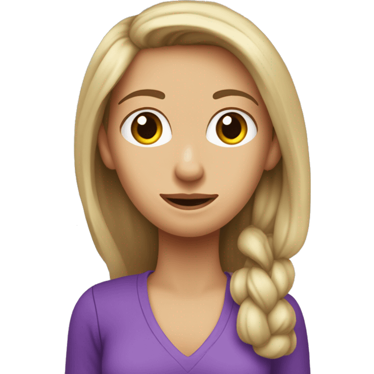 Mujer rubia de pelo lacio raya a un costado, de 37 años, con remera violeta, que legusta la economía y el sistema financiero, se hace una pregunta emoji