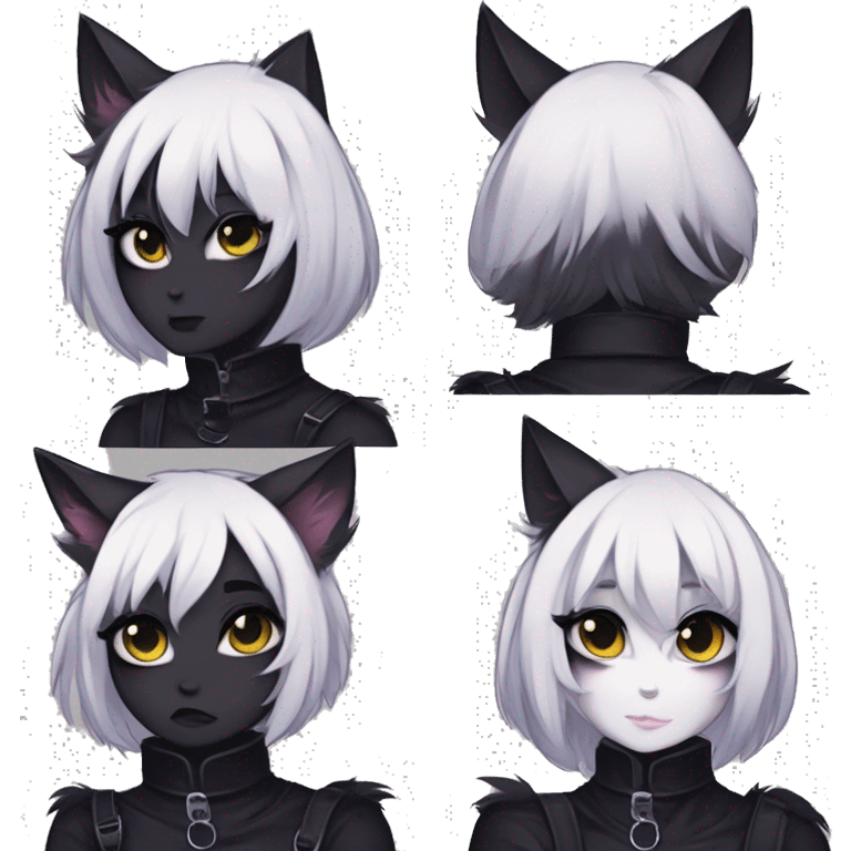 Gorgeous furry gothic dark techwear anime style anthro black cat furry sona with blushing face aesthetic and pretty edgy black with collar and harness trending style emoji