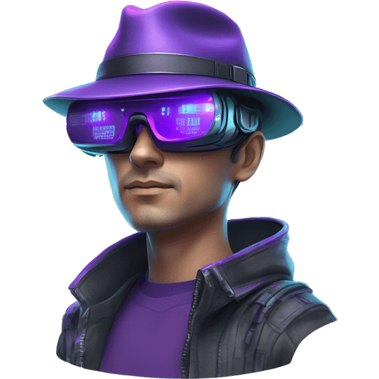 Secret human agent in a hat with  cyberpunk elements in Apple VR googles headset scanning looking reviewing multicolor lines of code, cyan and purple colors, only upper body portrait emoji