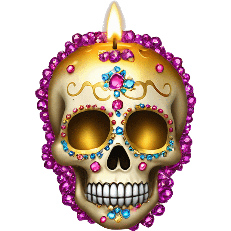 Realistic sugar skull decorated with colorful rhinestones with metallic gold candle on top of its head dripping meltdown metallic gold wax down skull emoji