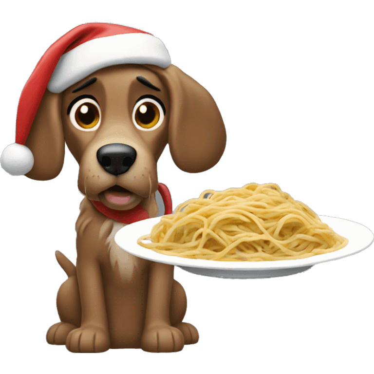 Lady and the Tramp eating spaghetti wearing Santa hat emoji