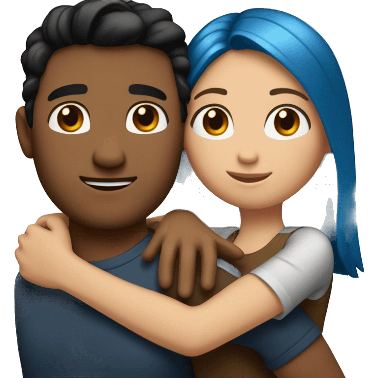 Couple having a big hug, arms around each other. man with light brown skin and black hair. short white woman with brown hair and blue eyes  emoji