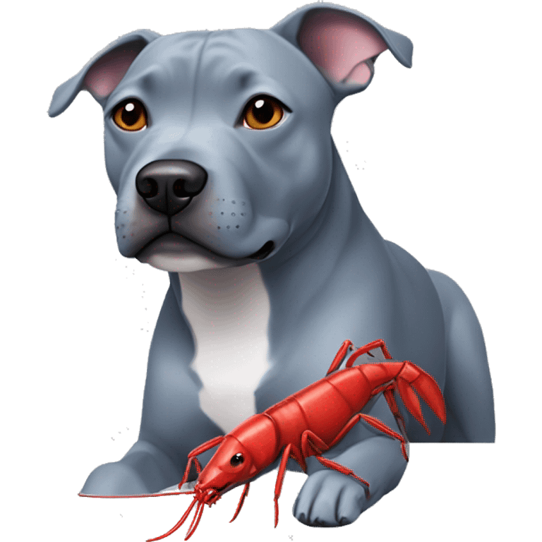 Blueish gray Staffy with a red crayfish toy  emoji