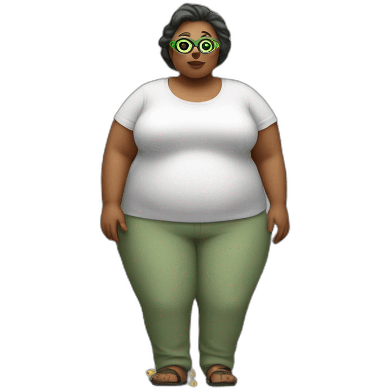 Fat woman with hearing aid and wide pants with snake glasses with big ears emoji