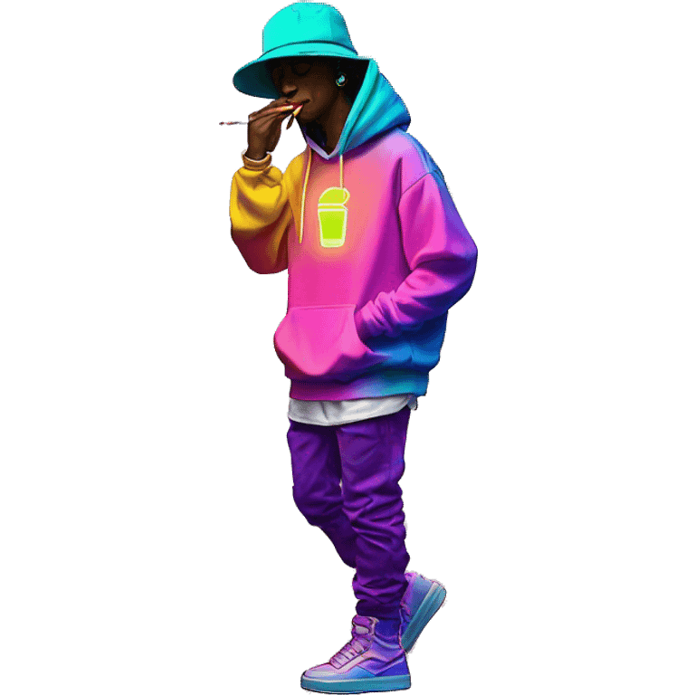 Multicoloured neon person smoking wearing hoodie dancing hip hop bucket hat tropical Skater fashion aesthetic baggy clothes graphic t shirt 420 emoji