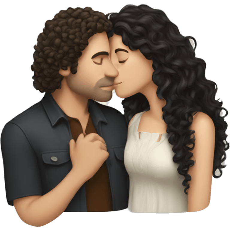 White Man with dark hair kissing white woman with long dark curly hair emoji