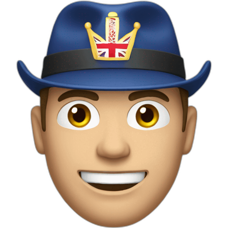 a muscular british man wearing a uk coloured hat driving a car emoji