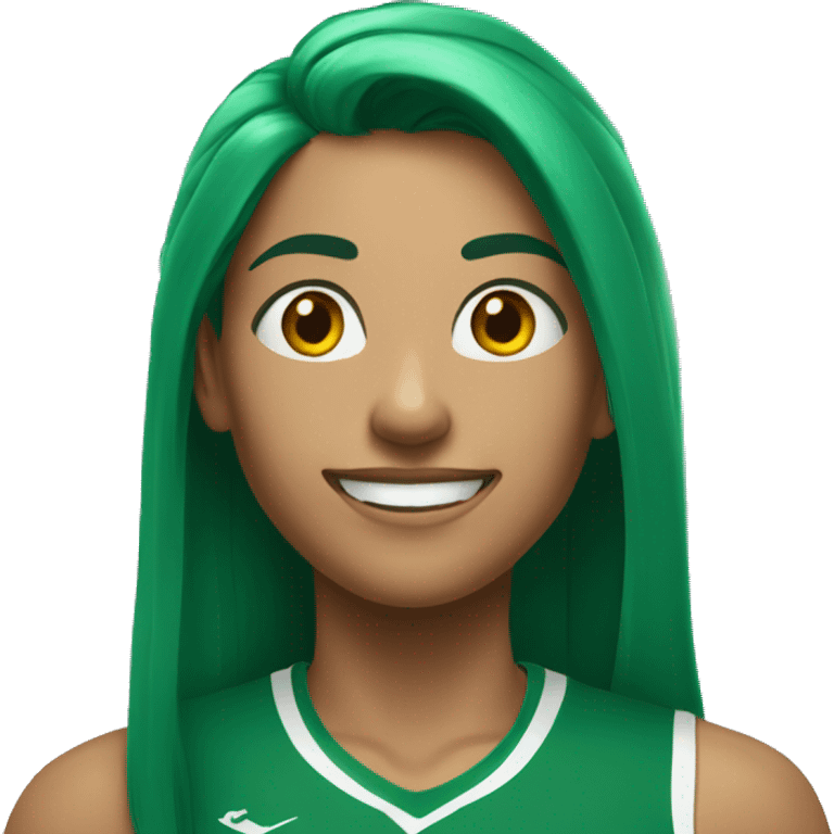 A woman in a green sports top with long green hair smiles broadly  emoji