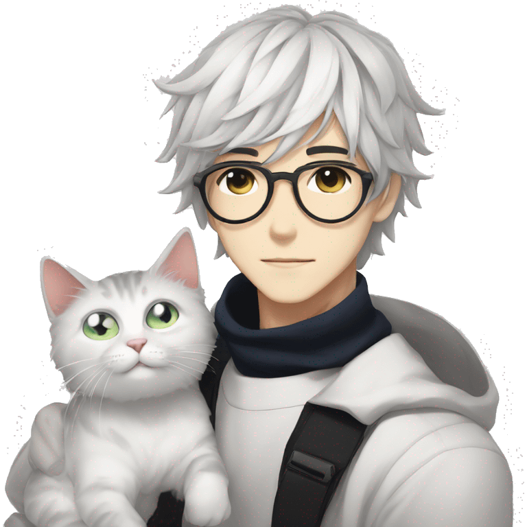 Cool Anime Cute Guy With Glasses With Cat, White Hair, Black Eyes emoji