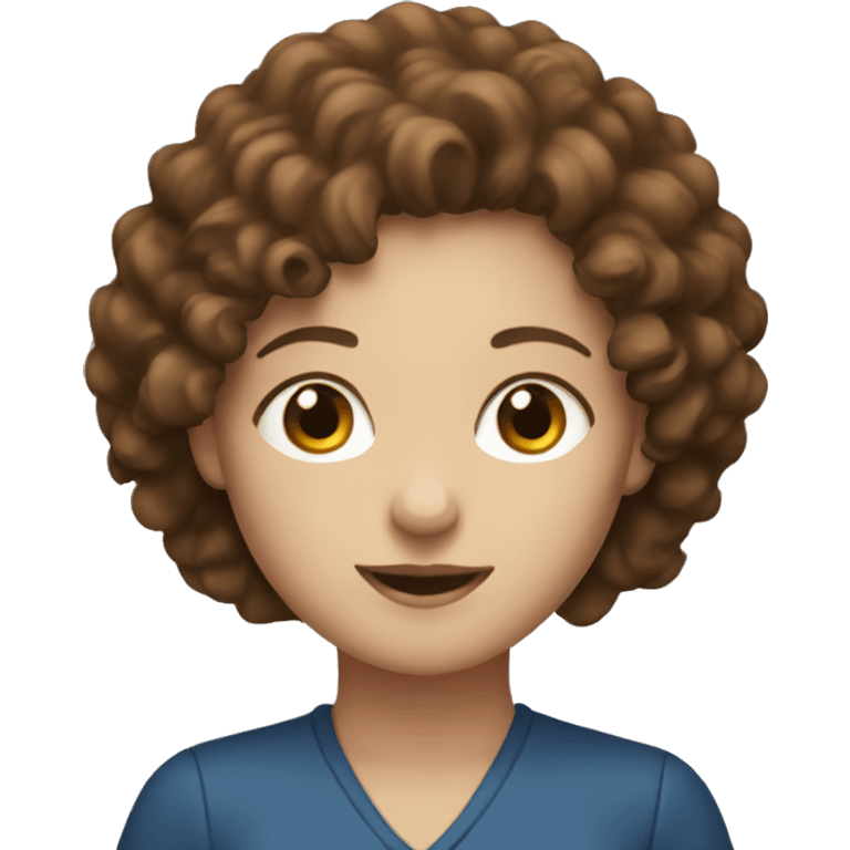 White women with the brown curly hair and blue eyes work at the laptop  emoji