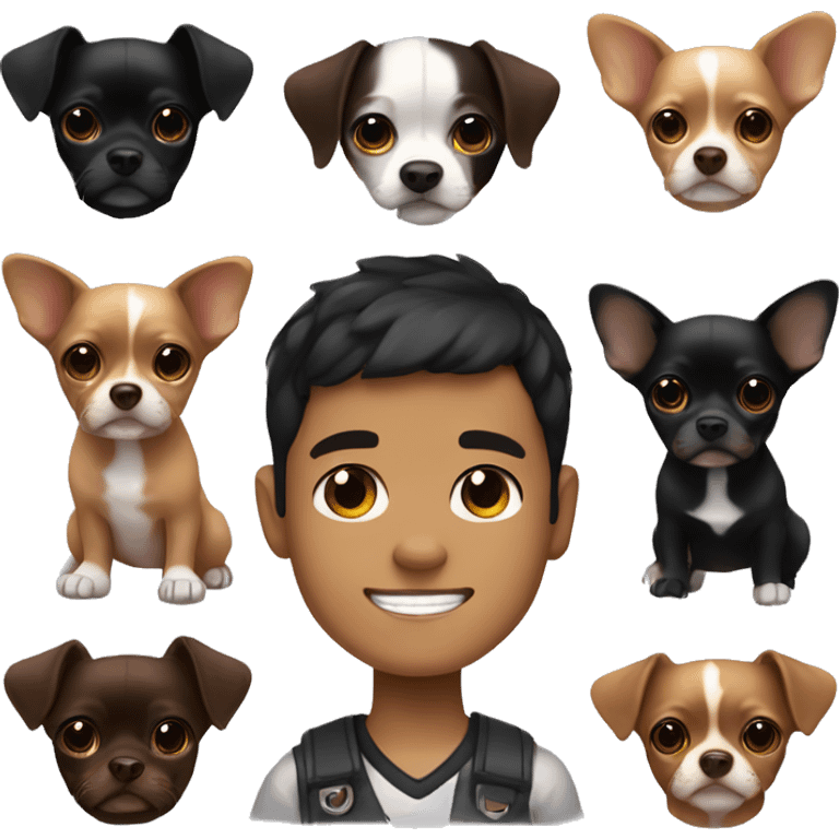 Boy ran color with black hair and brown eye holding a black and brown chihuahua  emoji