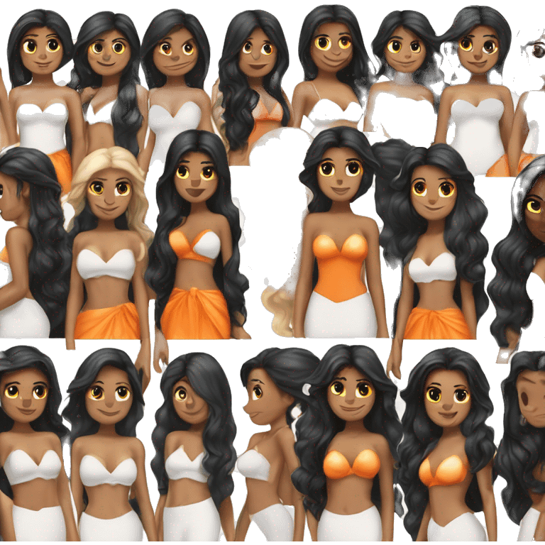 Long Black hair mermaid tanned, orange tail white bra  emoji