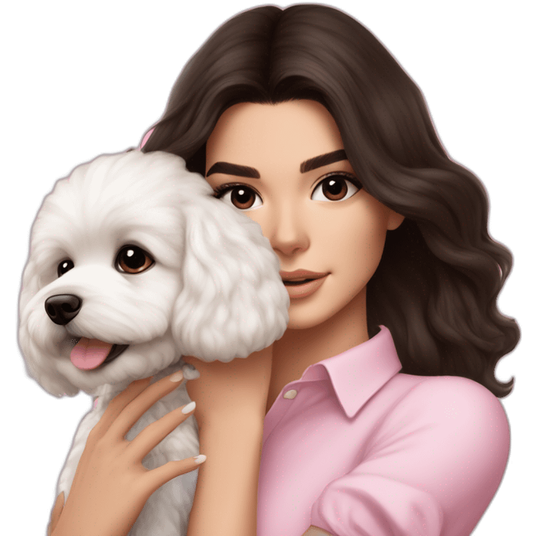 brunette Kendall Jenner with long hair holding on the hands white maltipoo wear on pink collar emoji