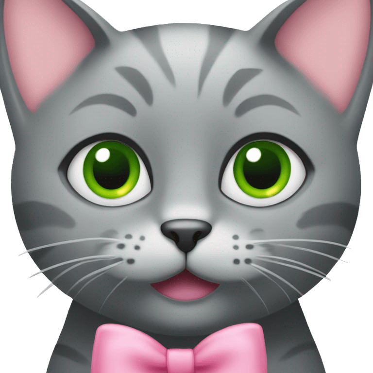 gray cat with cute green eyes with pink bow on the side of the head emoji