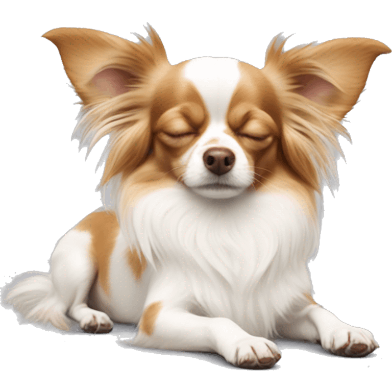 Long-haired white Chihuahua with reddish-brown markings sleeping emoji