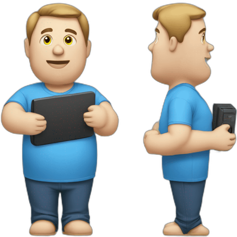 fat man in a blue shirt using a computer emoji