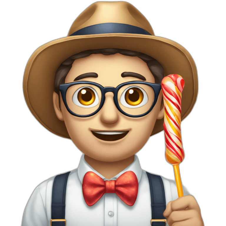 ugly big round frame glasses buckteeth week chin bowtie striped shirt suspenders holding a big lolipop with bad posture and a propeller hat portfolio manager emoji