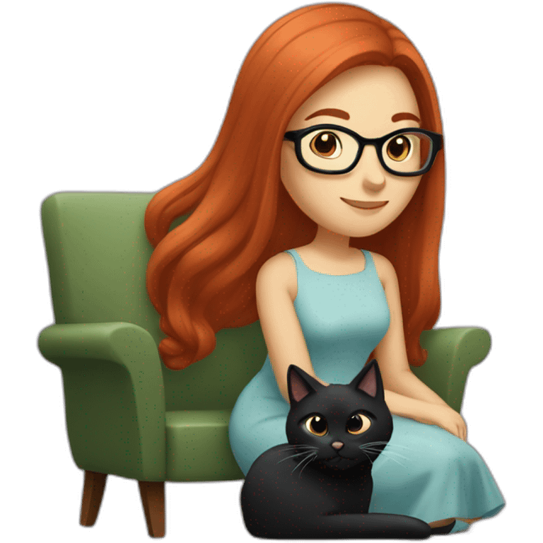 woman with long straight red hair and black-rimmed glasses, in a dress, sitting in an armchair, with a black cat on her lap emoji