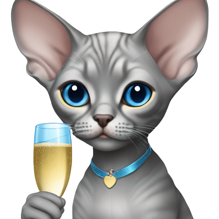 Grey Devon Rex with blue eyes drinking champagne  emoji