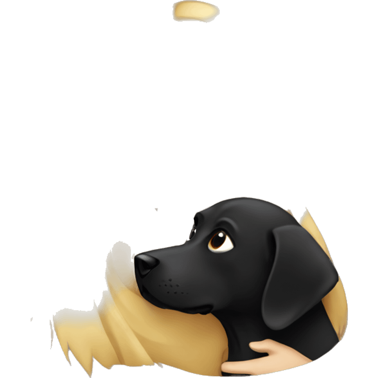 Long hair blonde girl cuddling with black  Labrador dog emoji emoji