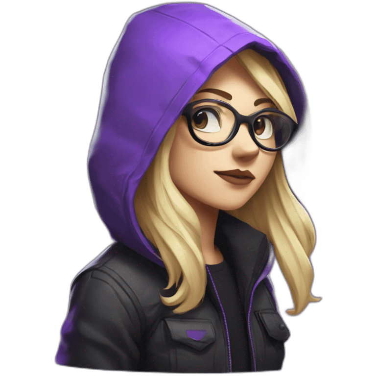 Girl blond developer with round glasses left side behind his laptop with this style: Valorant Riot Game purple character purple black hooded hacker  emoji