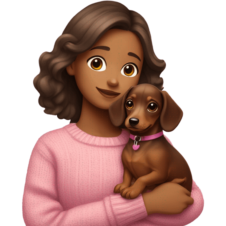 Brunette girl with long hair in a pink sweater holds a dachshund puppy in her arms emoji