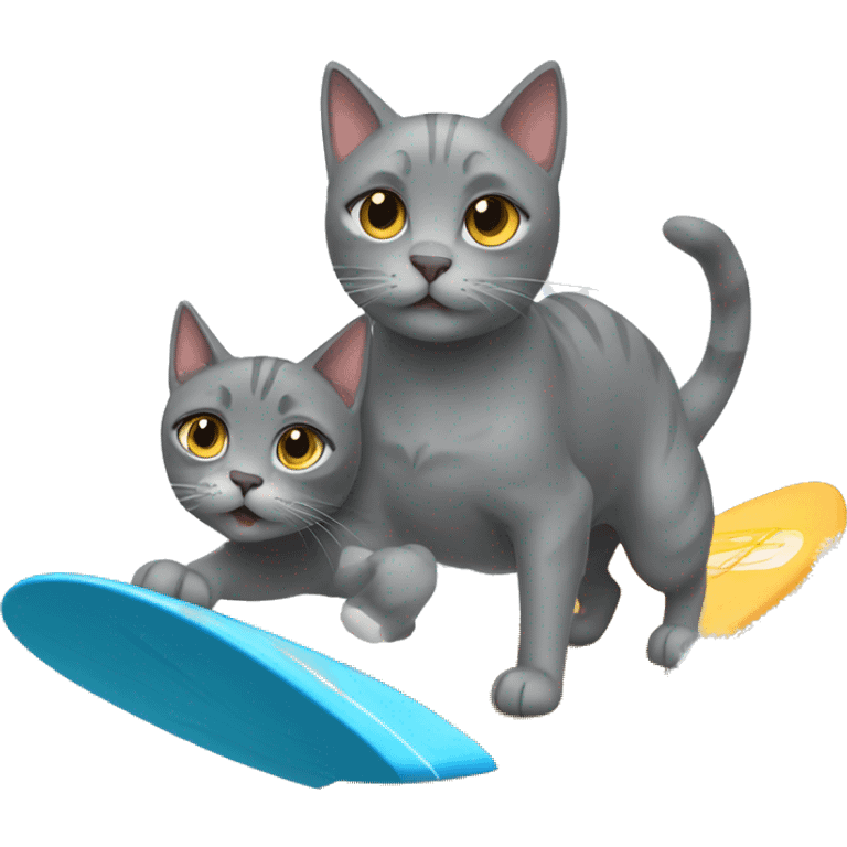 Gray cat surfing with dog emoji