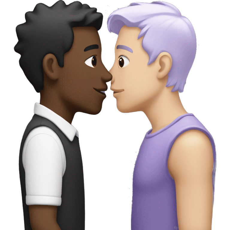 Two men kissing, one of the white with lavender hair and the other person is black with black hair  emoji