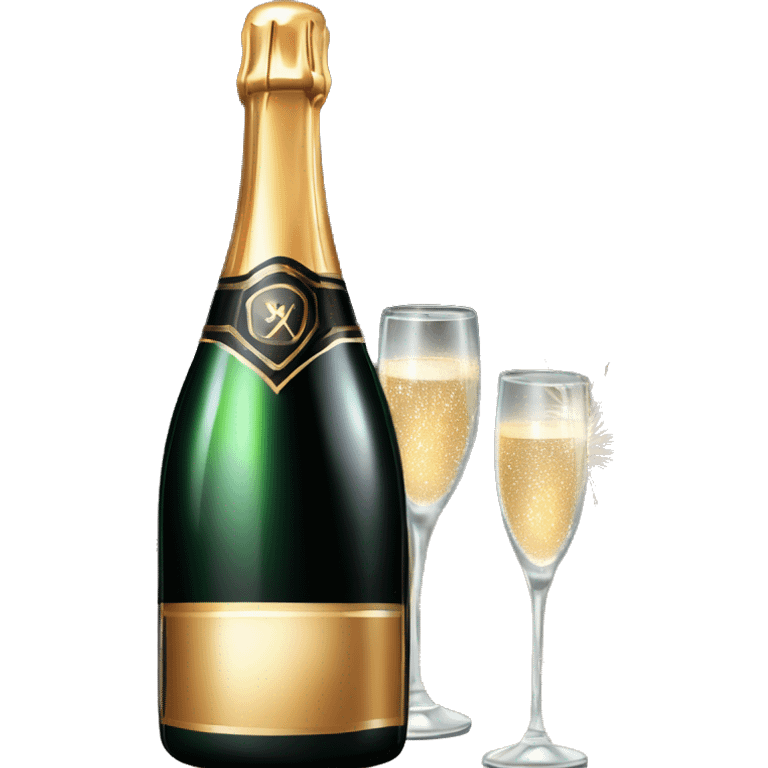 Realistic sparkling diamond glam black bottle of New Years champagne with glass next to it filled withchampagne with two lit sparkler fireworks in the glass with the champagne  emoji