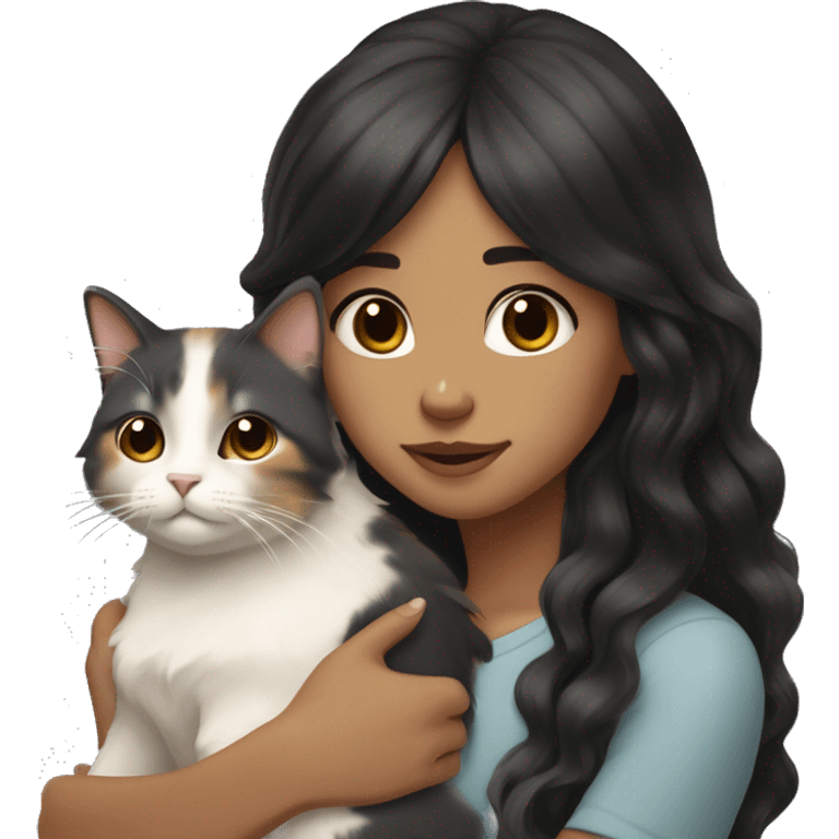 TAN SKIN GIRL with LONG BLACK WAVY HAIR and BANGS; HUGGING a LIGHT BROWN, GRAY, WHITE CALICO CAT  emoji